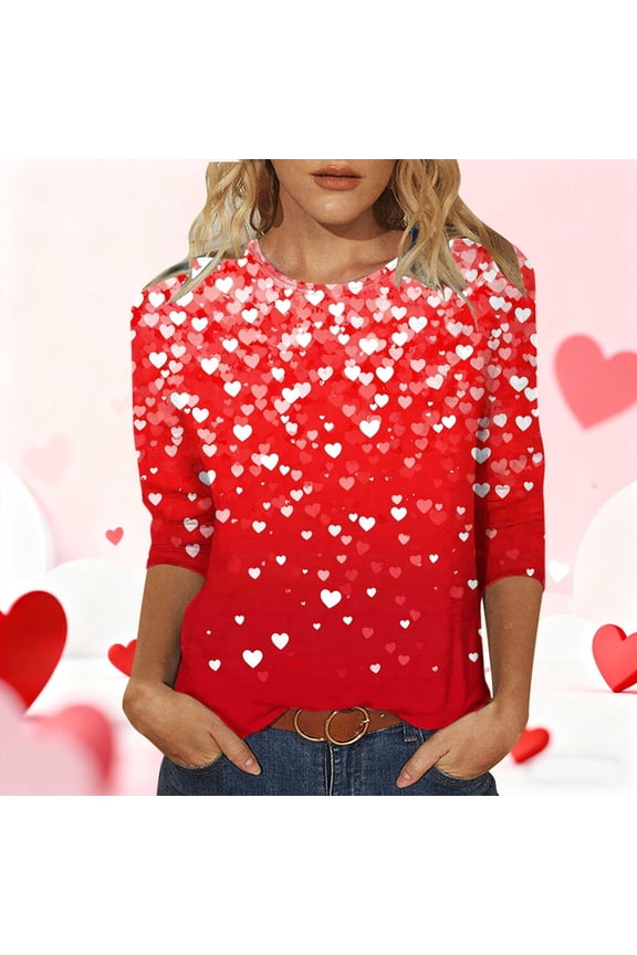 Valentine Shirts for Women Round Neck 3/4 Sleeve T-shirt Gifts