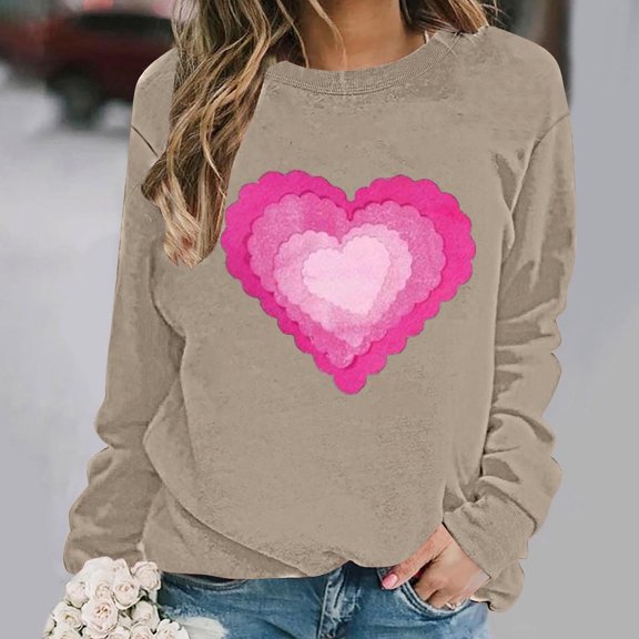 Craaazy Valentine Shirts for Women Round Neck Love Heart Graphic Loose Long Sleeved Top Gifts