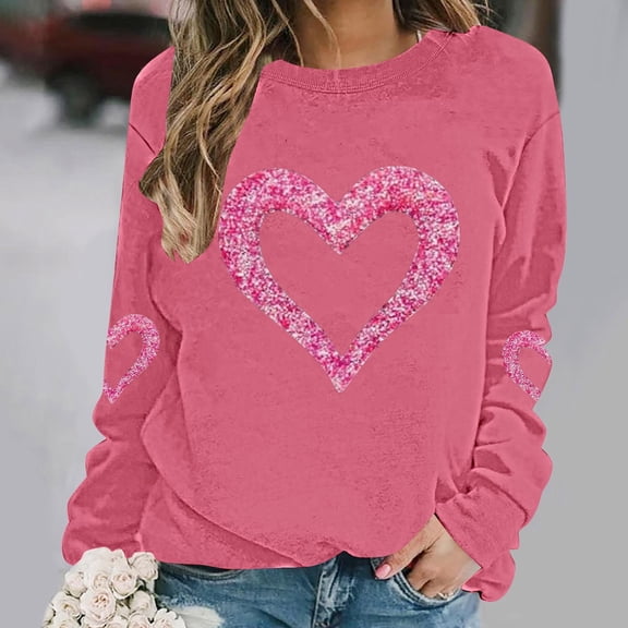 Craaazy Valentine Shirts for Women Round Neck Love Heart Graphic Loose Long Sleeved Top Gifts