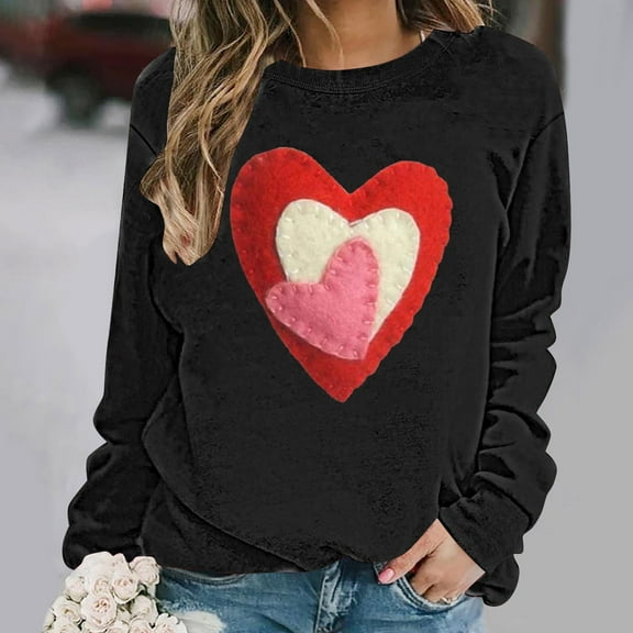 Craaazy Valentine Shirts for Women Round Neck Love Heart Graphic Loose Long Sleeved Top Gifts