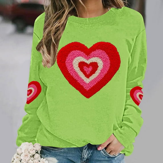 Craaazy Valentine Shirts for Women Round Neck Love Heart Graphic Loose Long Sleeved Top Gifts