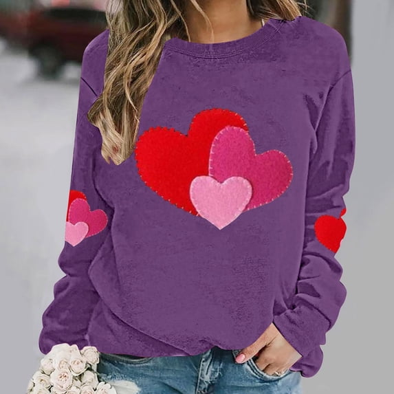 Craaazy Valentine Shirts for Women Round Neck Love Heart Graphic Loose Long Sleeved Top Gifts