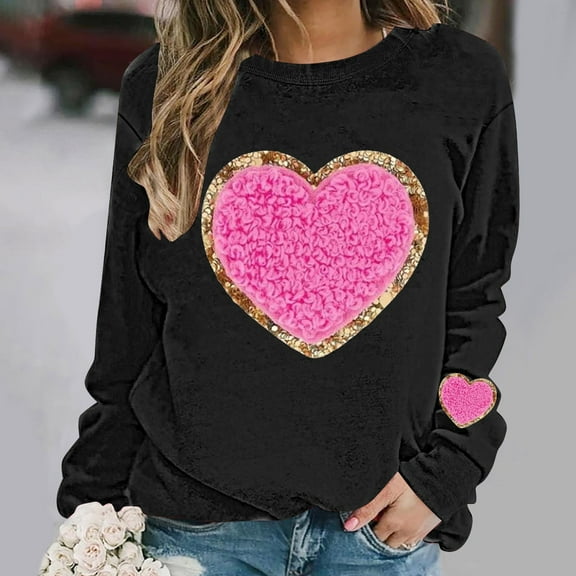 Craaazy Valentine Shirts for Women Round Neck Love Heart Graphic Loose Long Sleeved Top Gifts