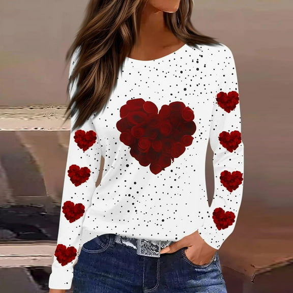 Craaazy Valentine T-Shirts for Women Casual Long Sleeve Heart Printed Tops Fashion Round Neck Shirts Gifts