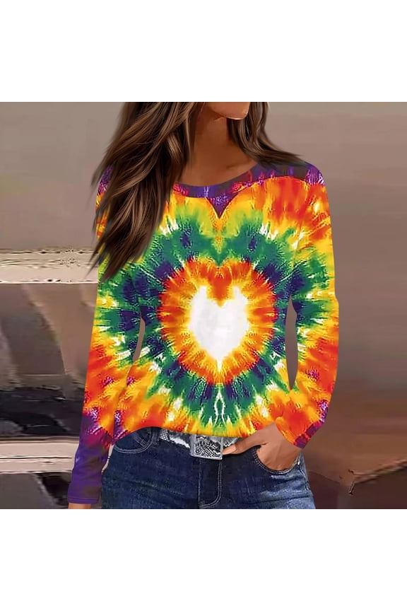 Valentine T-Shirts for Women Fashion Round Neck Casual Long Sleeve Heart Printed Tops Gifts