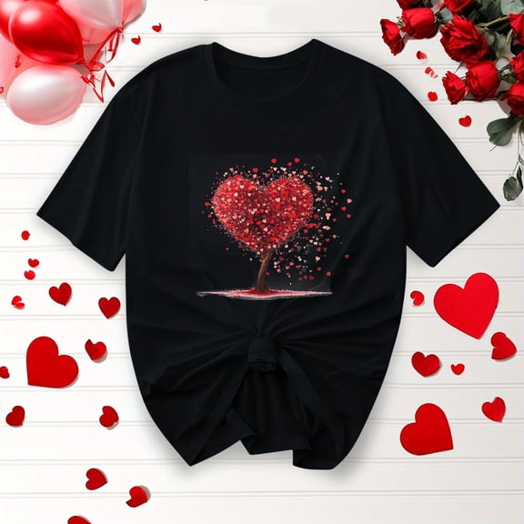 Craaazy Valentine Tops for Women Short Sleeve Shirts Casual Round Neck Love Heart Blouses Gifts