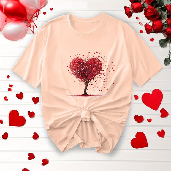 Craaazy Valentine Tops for Women Short Sleeve Shirts Casual Round Neck Love Heart Blouses Gifts