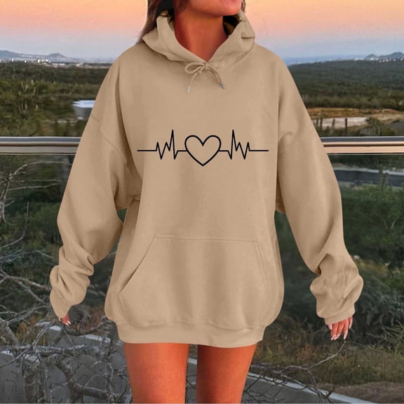 Craaazy Valentine's Day Hoodies for Gifts Women Long Sleeve Love Printed Oversized Sweatshirts Drawstring Loose Fit Pullover Top s with Pocket