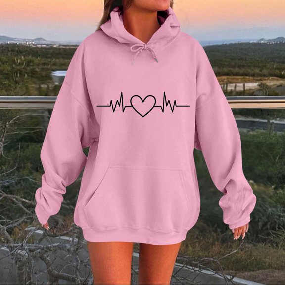 Craaazy Valentine's Day Hoodies for Gifts Women Long Sleeve Love Printed Oversized Sweatshirts Drawstring Loose Fit Pullover Top s with Pocket