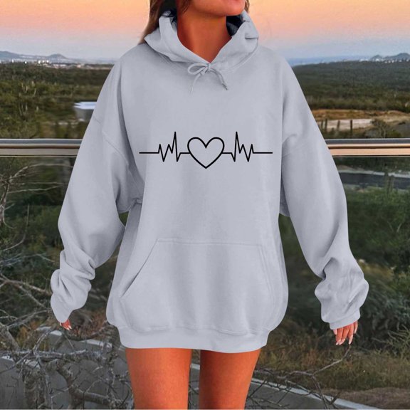 Craaazy Valentine's Day Hoodies for Gifts Women Long Sleeve Love Printed Oversized Sweatshirts Drawstring Loose Fit Pullover Top s with Pocket