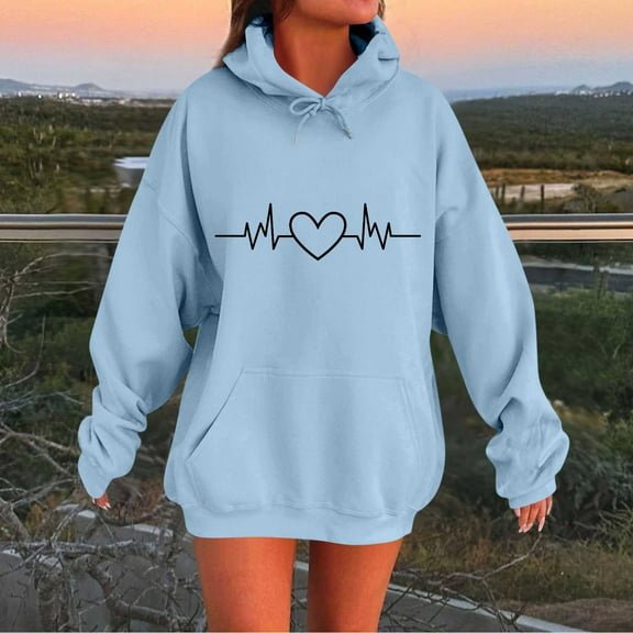Craaazy Valentine's Day Hoodies for Gifts Women Long Sleeve Love Printed Oversized Sweatshirts Drawstring Loose Fit Pullover Top s with Pocket
