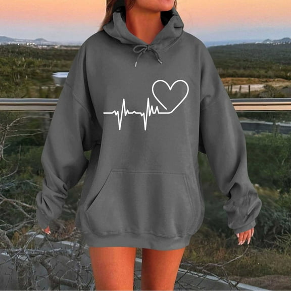 Craaazy Valentine's Day Hoodies for Gifts Women Long Sleeve Love Printed Oversized Sweatshirts Drawstring Loose Fit Pullover Top s with Pocket