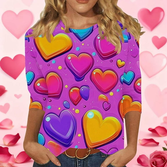 Craaazy Valentines Day Women's Love Heart Print Shirts Crew Neck 3/4 Sleeve Tops Gifts