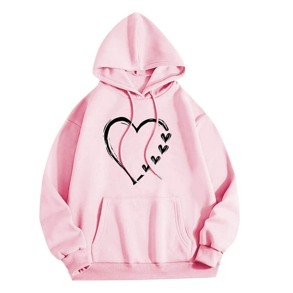 Craaazy Valentines Hoodies For Women Heart Printed Round Neck Long Sleeve Sweatshirts Drawstring Pullover Tops Gifts For Women