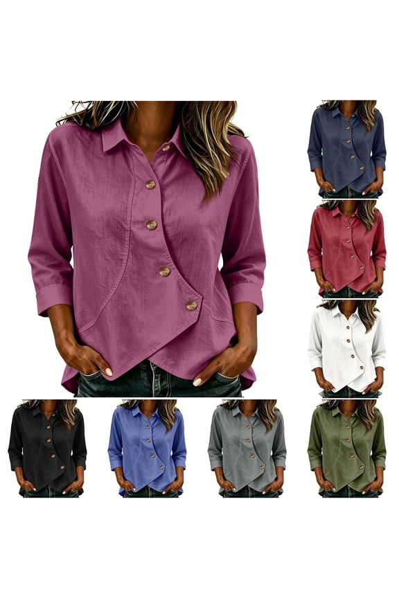 Women 3/4 Sleeve Blouses Straight Cut Solid Color Lapel Basic Style Button Down Shirt with Diagonal Button Placket Breathable Woven Tops for Shopping & Daily Errands