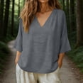 thumbnail image 1 of Craaazy Women Casual 3/4 Sleeve Blouse, Solid Color V Neck Tops, Loose Fit Linen Cotton Blend Shirt for Daily Wear Gifts, 1 of 8
