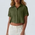 thumbnail image 1 of Craaazy Women Casual Tops Cropped Fit Solid Color Turn Down Collared Button Down Patch Pocket Short Sleeve Cotton Linen Blouses for Summer Daily Wear Gift, 1 of 7