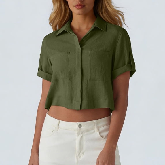 Craaazy Women Casual Tops Cropped Fit Solid Color Turn Down Collared Button Down Patch Pocket Short Sleeve Cotton Linen Blouses for Summer Daily Wear Gift