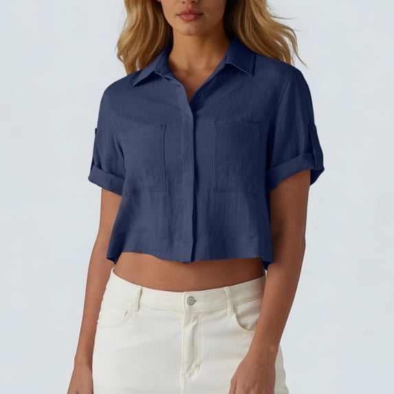 Craaazy Women Casual Tops Cropped Fit Solid Color Turn Down Collared Button Down Patch Pocket Short Sleeve Cotton Linen Blouses for Summer Daily Wear Gift