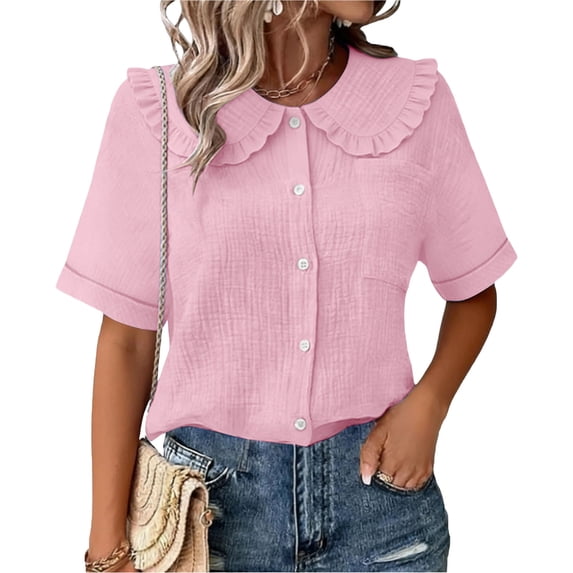 Craaazy Women Casual Tops Loose Fit Solid Color Ruffle Collar Button Front Short Sleeve Cotton Tops for Vacation Gift