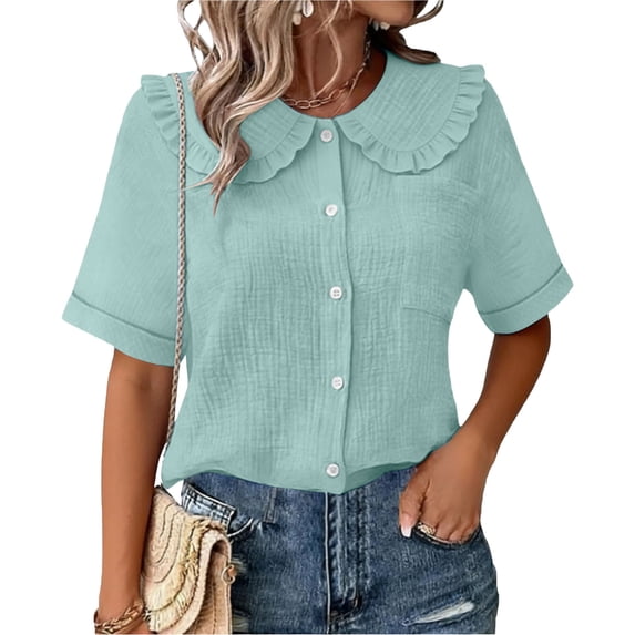 Craaazy Women Casual Tops Loose Fit Solid Color Ruffle Collar Button Front Short Sleeve Cotton Tops for Vacation Gift