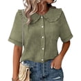 thumbnail image 1 of Craaazy Women Casual Tops Loose Fit Solid Color Ruffle Collar Button Front Short Sleeve Cotton Tops for Vacation Gift, 1 of 6