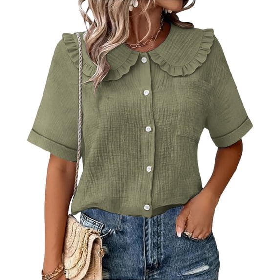 Craaazy Women Casual Tops Loose Fit Solid Color Ruffle Collar Button Front Short Sleeve Cotton Tops for Vacation Gift
