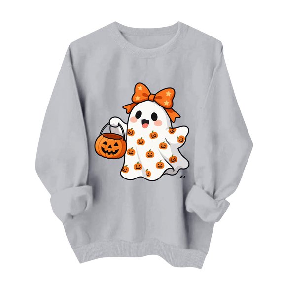 Craaazy Women Cute Ghost Pumpkin Halloween Print Sweatshirts Crew Neck Long Sleeve Tops Relaxed Fit Casual Pullover Blouse for Spring Winter Daily Wear