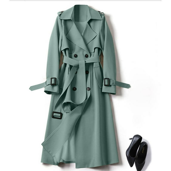 Craaazy Women Double Breasted Drawstring Long Windproof Lapel Coat with Belt