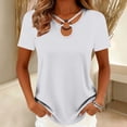 thumbnail image 1 of Craaazy Women Fashion Tops Loose Fit Solid Color Round Neck Ring Detail Short Sleeve Curved Hem Tops for Daily Wear Gift, 1 of 6