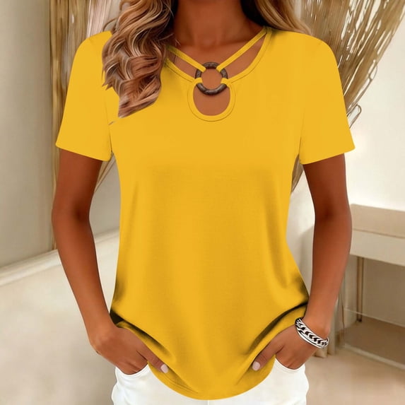 Craaazy Women Fashion Tops Loose Fit Solid Color Round Neck Ring Detail Short Sleeve Curved Hem Tops for Daily Wear Gift