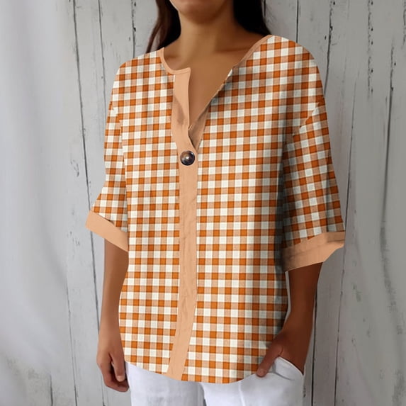Craaazy Women Plus Size Tops Loose Fit Plaid V Neck Single Button 3/4 Sleeve Casual Shirts for Daily Wear Gift