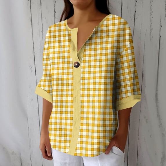 Craaazy Women Plus Size Tops Loose Fit Plaid V Neck Single Button 3/4 Sleeve Casual Shirts for Daily Wear Gift