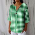thumbnail image 1 of Craaazy Women Plus Size Tops Loose Fit Plaid V Neck Single Button 3/4 Sleeve Casual Shirts for Daily Wear Gift, 1 of 5