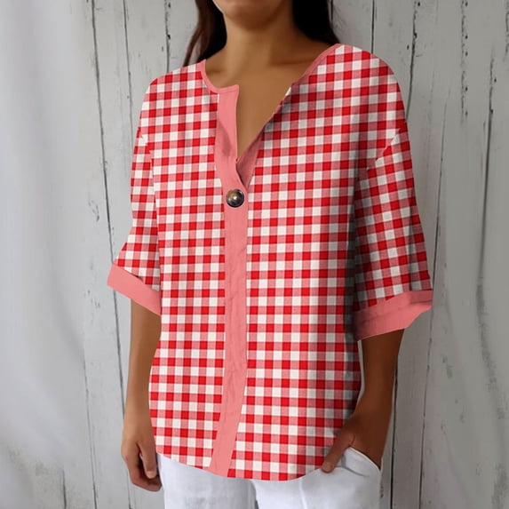 Craaazy Women Plus Size Tops Loose Fit Plaid V Neck Single Button 3/4 Sleeve Casual Shirts for Daily Wear Gift