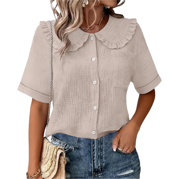 Craaazy Women Plus Size Tops Loose Fit Solid Color Doll Collar Button Up Short Sleeve Cotton T Shirts for Daily Wear Gift