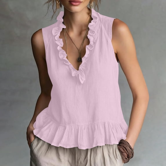 Craaazy Women Plus Size Tops Loose Fit Solid Color V Neck Ruffle Detail Sleeveless Cotton T Shirts for Daily Wear Gift