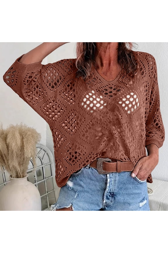 Women Short Sleeve Blouses Oversize Solid Color V Neck Open Knit Loose Fit Summer Tops