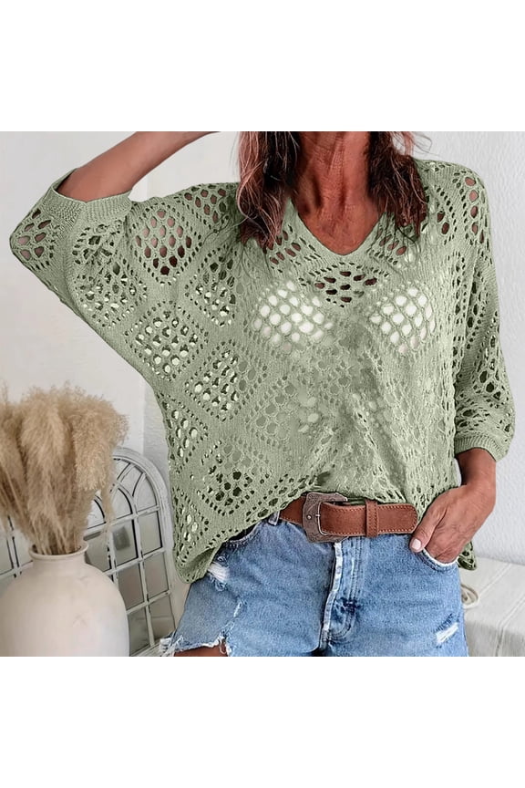 Women Short Sleeve Blouses Oversize Solid Color V Neck Open Knit Loose Fit Summer Tops