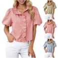 thumbnail image 1 of Craaazy Women Short Sleeve Tops Relaxed Fit Stripe Ruffle Neckline Puff Sleeve T-Shirts Casual Soft for Going Out Summer Vacation, 1 of 8