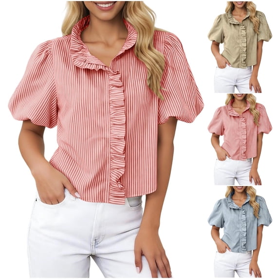 Craaazy Women Short Sleeve Tops Relaxed Fit Stripe Ruffle Neckline Puff Sleeve T-Shirts Casual Soft for Going Out Summer Vacation
