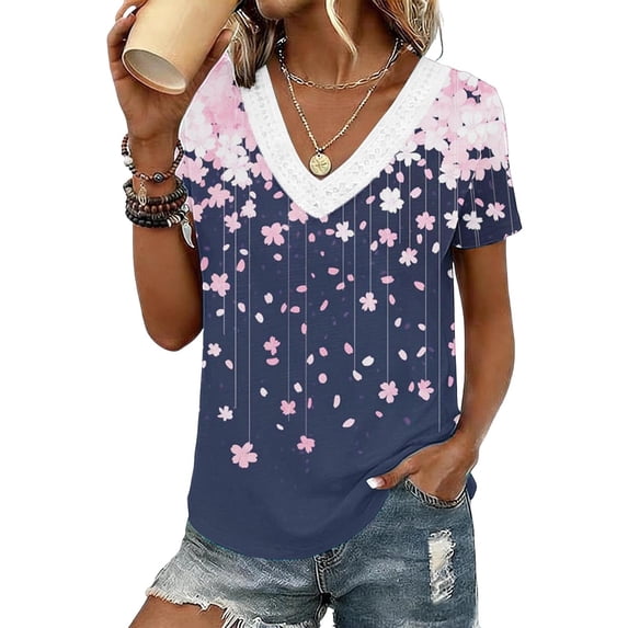 Craaazy Women Short Sleeve V Neck Tops Floral Print Casual Loose Fit Blouses for Summer Gift
