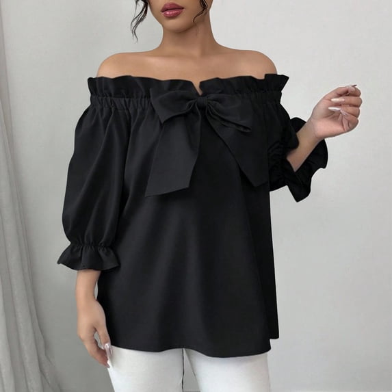 Craaazy Women Solid Color Off Shoulder Ruffle Tops, Bow Decor Half Sleeve Blouses, Loose Fit Casual Shirts for Party Daily Wear Gifts