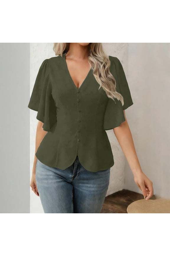 Women Solid Color V-Neck Flutter Sleeve Tops, Button Front Peplum Blouses, Elegant Casual Shirts for Office Work Daily Wear Gifts