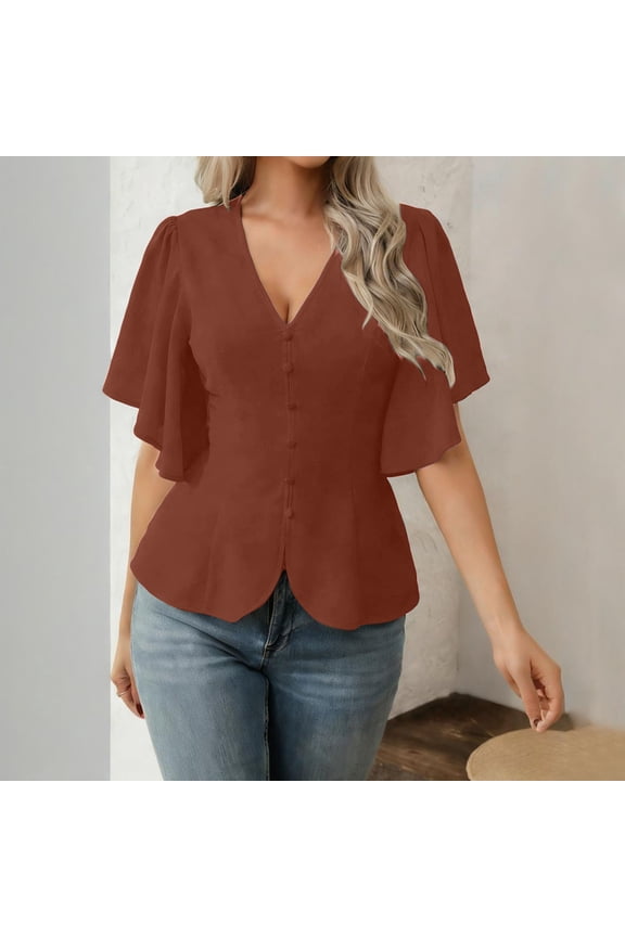 Women Solid Color V-Neck Flutter Sleeve Tops, Button Front Peplum Blouses, Elegant Casual Shirts for Office Work Daily Wear Gifts