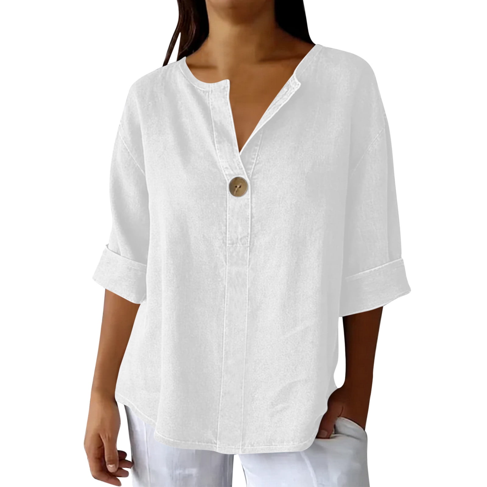 Craaazy Women Solid Color V-Neck Half Sleeve Tops, Loose Fit Casual ...