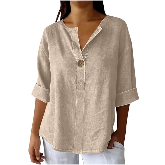 Craaazy Women Solid Color V-Neck Half Sleeve Tops, Loose Fit Casual Blouses, Breathable Nylon Spandex Shirts for Office Work Daily Wear Gifts
