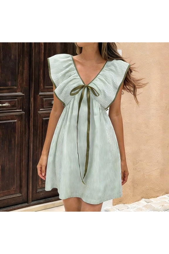 Women Striped V-Neck Ruffle Flutter Sleeve Dresses, Loose Casual Dresses with Bow Accent, Summer Fashion Dresses for Vacation Daily Wear Gifts
