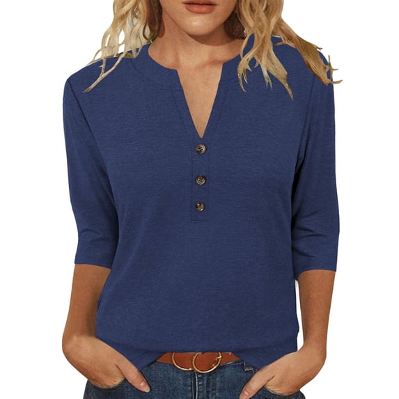 Craaazy Women Summer Casual Tops V Neck Button Front Three Quarter Sleeve Solid Color Blouses Gift