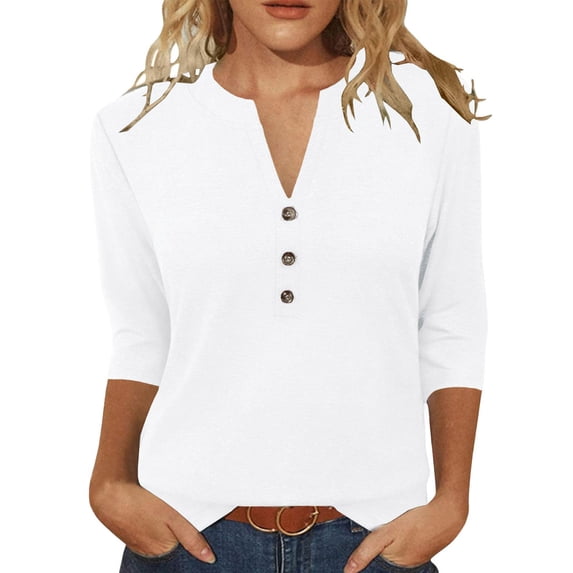 Craaazy Women Summer Casual Tops V Neck Button Front Three Quarter Sleeve Solid Color Blouses Gift
